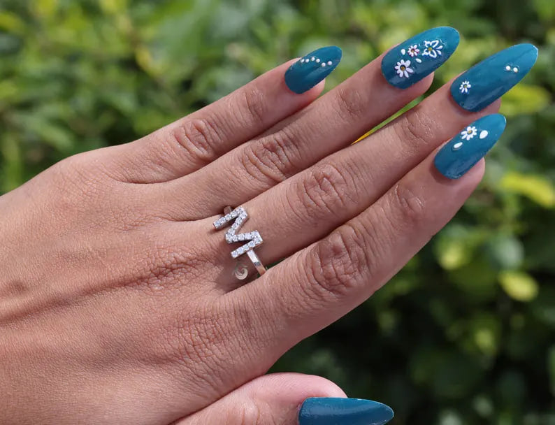 14K White Gold M Initial Moissanite Ring, Personalized Letter Ring