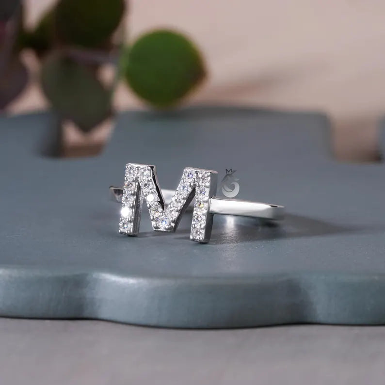 14K White Gold M Initial Moissanite Ring, Personalized Letter Ring