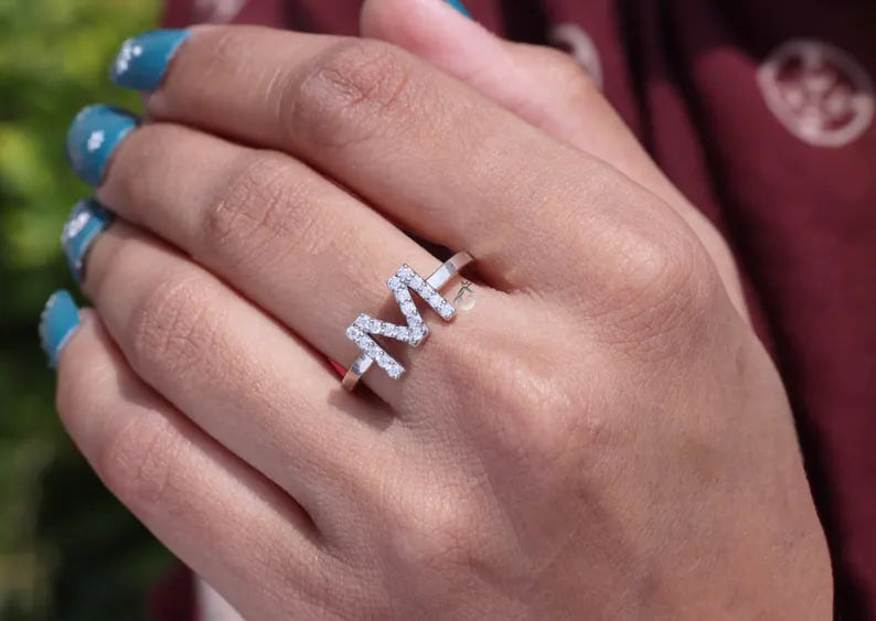 14K White Gold M Initial Moissanite Ring, Personalized Letter Ring