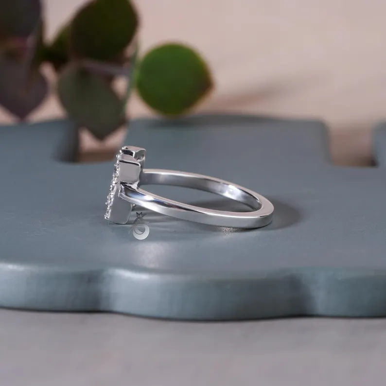 14K White Gold M Initial Moissanite Ring, Personalized Letter Ring