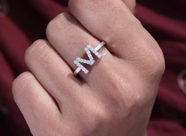 14K White Gold M Initial Moissanite Ring, Personalized Letter Ring