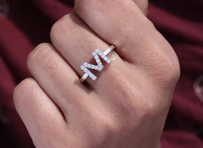 14K White Gold M Initial Moissanite Ring, Personalized Letter Ring