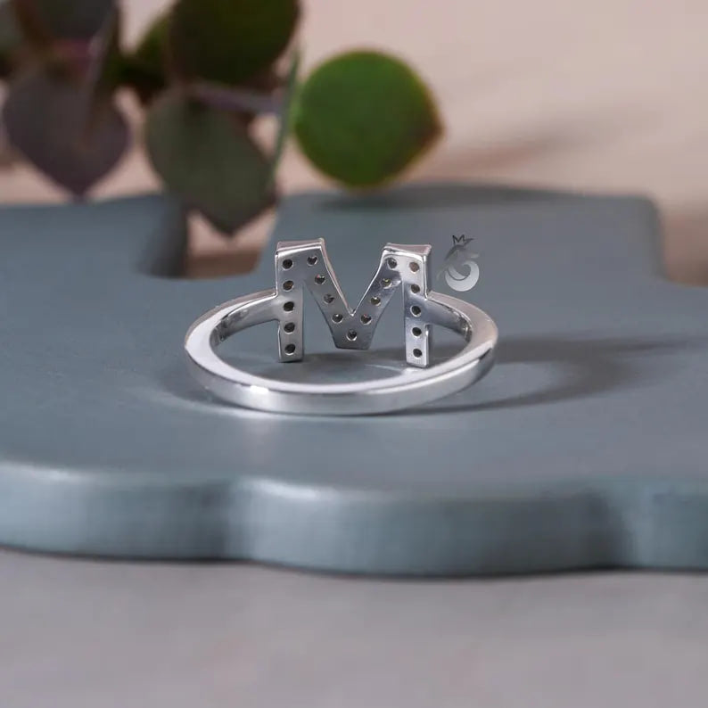 14K White Gold M Initial Moissanite Ring, Personalized Letter Ring