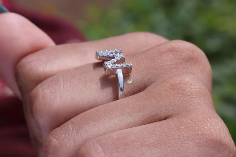 14K White Gold M Initial Moissanite Ring, Personalized Letter Ring