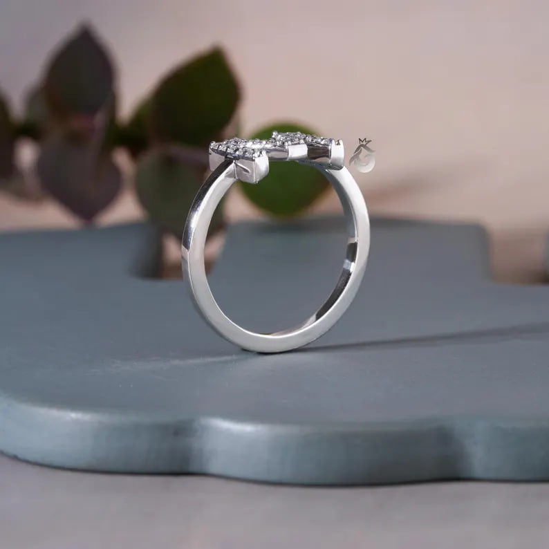 14K White Gold M Initial Moissanite Ring, Personalized Letter Ring