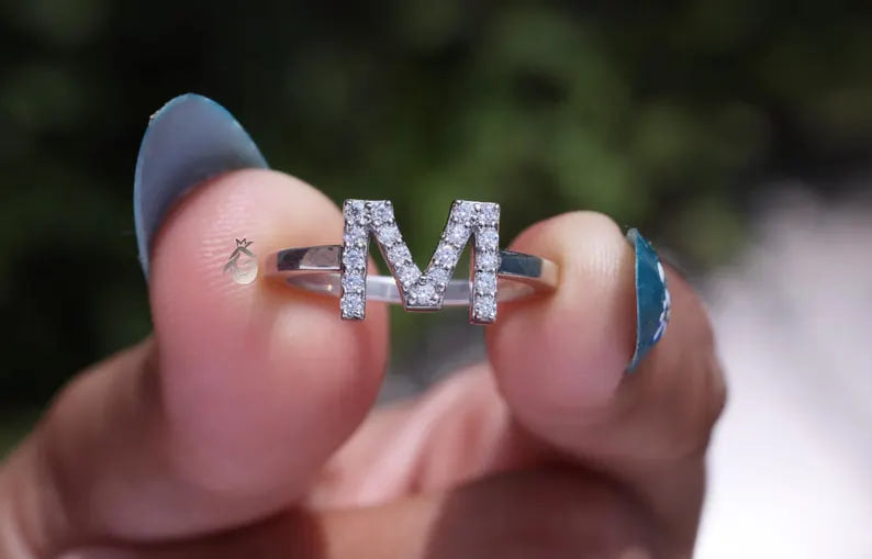 14K White Gold M Initial Moissanite Ring, Personalized Letter Ring