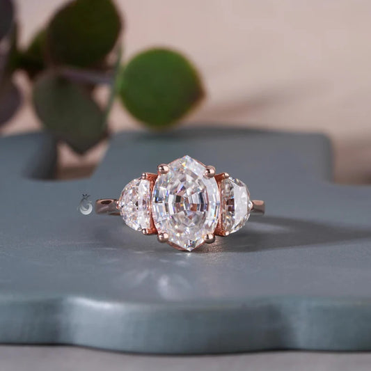 Antique Old Mine Oval Moissanite Three-Stone Ring, Half Moon Side Stones