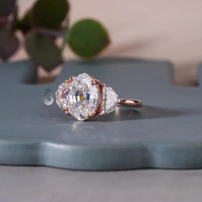 Antique Old Mine Oval Moissanite Three-Stone Ring, Half Moon Side Stones