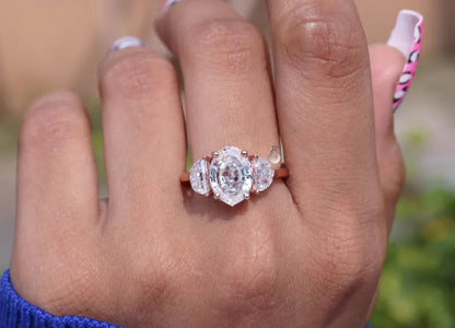 Antique Old Mine Oval Moissanite Three-Stone Ring, Half Moon Side Stones