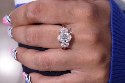 Antique Old Mine Oval Moissanite Three-Stone Ring, Half Moon Side Stones