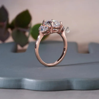 Antique Old Mine Oval Moissanite Three-Stone Ring, Half Moon Side Stones