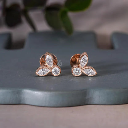 Leaf Shape Mil grain Moissanite Stud Earrings, 0.30TCW Marquise & Round Cut