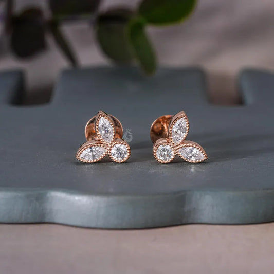 Leaf Shape Mil grain Moissanite Stud Earrings, 0.30TCW Marquise & Round Cut