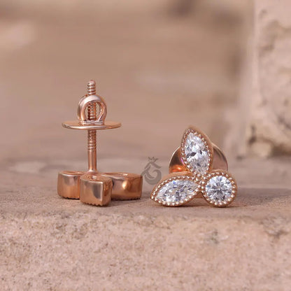 Leaf Shape Mil grain Moissanite Stud Earrings, 0.30TCW Marquise & Round Cut
