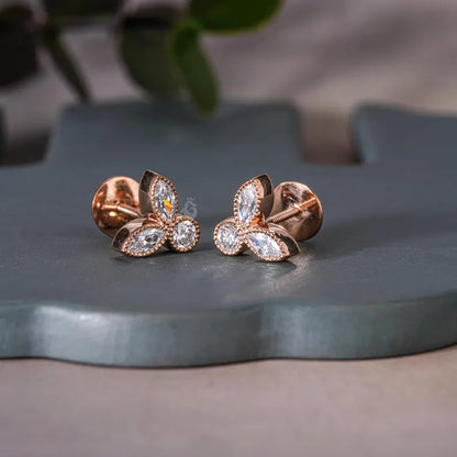 Leaf Shape Mil grain Moissanite Stud Earrings, 0.30TCW Marquise & Round Cut