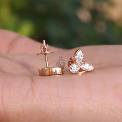 Leaf Shape Mil grain Moissanite Stud Earrings, 0.30TCW Marquise & Round Cut