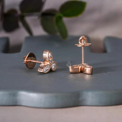 Leaf Shape Mil grain Moissanite Stud Earrings, 0.30TCW Marquise & Round Cut