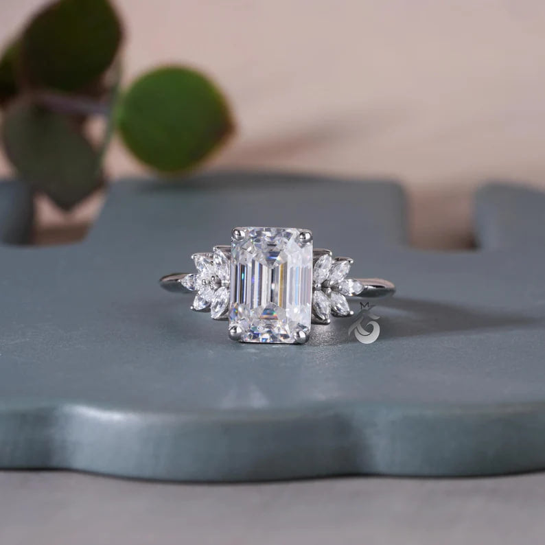 Vintage Emerald Cut Moissanite Cluster Halo Ring, 10K Gold, Knife-Edge Band