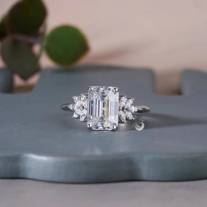 Vintage Emerald Cut Moissanite Cluster Halo Ring, 10K Gold, Knife-Edge Band