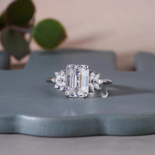 Vintage Emerald Cut Moissanite Cluster Halo Ring, 10K Gold, Knife-Edge Band