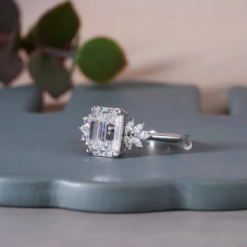 Vintage Emerald Cut Moissanite Cluster Halo Ring, 10K Gold, Knife-Edge Band