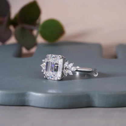 Vintage Emerald Cut Moissanite Cluster Halo Ring, 10K Gold, Knife-Edge Band