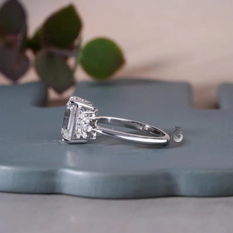 Vintage Emerald Cut Moissanite Cluster Halo Ring, 10K Gold, Knife-Edge Band
