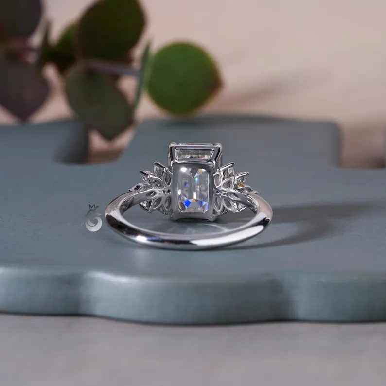 Vintage Emerald Cut Moissanite Cluster Halo Ring, 10K Gold, Knife-Edge Band