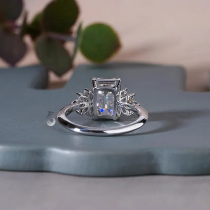 Vintage Emerald Cut Moissanite Cluster Halo Ring, 10K Gold, Knife-Edge Band