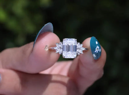 Vintage Emerald Cut Moissanite Cluster Halo Ring, 10K Gold, Knife-Edge Band