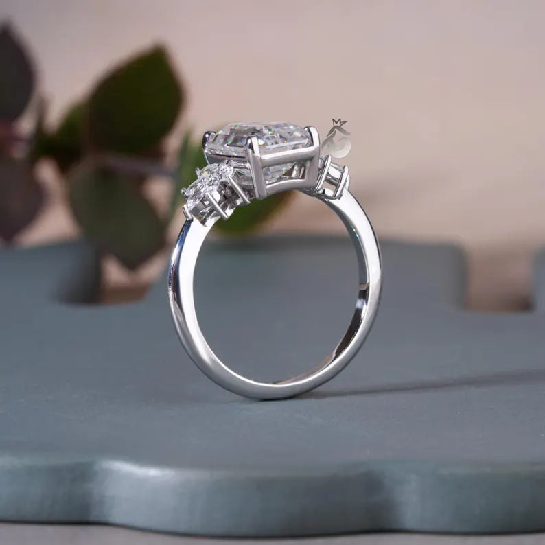 Vintage Emerald Cut Moissanite Cluster Halo Ring, 10K Gold, Knife-Edge Band