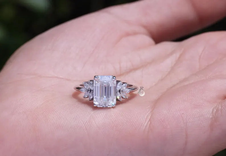 Vintage Emerald Cut Moissanite Cluster Halo Ring, 10K Gold, Knife-Edge Band