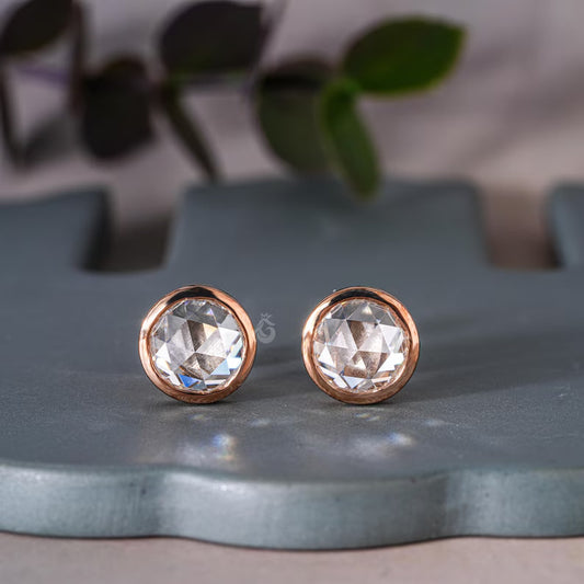 1.90TW Round Rose Cut Moissanite Stud Earrings, Bezel Set, 18K Rose Gold