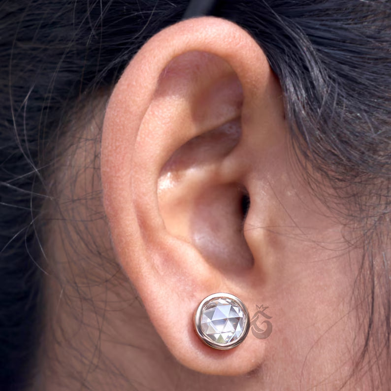 1.90TW Round Rose Cut Moissanite Stud Earrings, Bezel Set, 18K Rose Gold