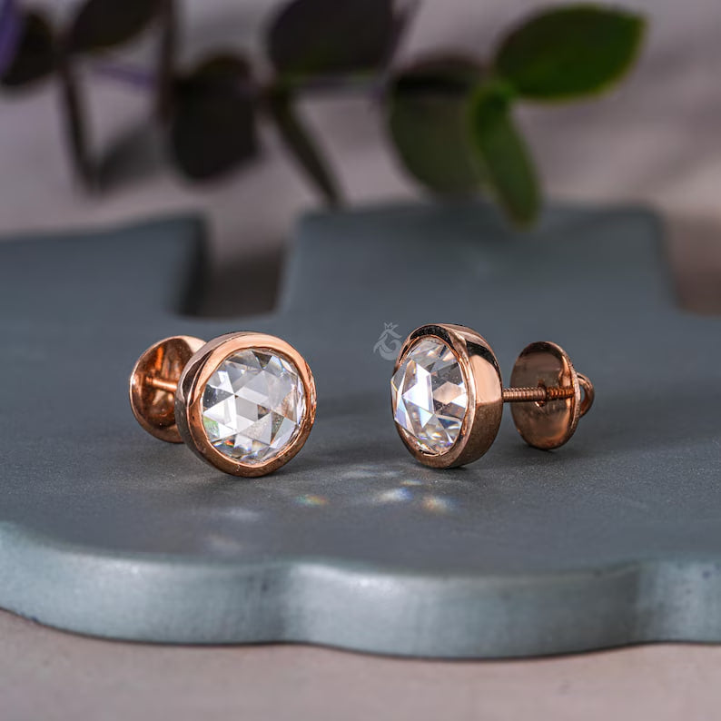 1.90TW Round Rose Cut Moissanite Stud Earrings, Bezel Set, 18K Rose Gold