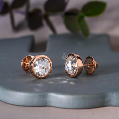 1.90TW Round Rose Cut Moissanite Stud Earrings, Bezel Set, 18K Rose Gold