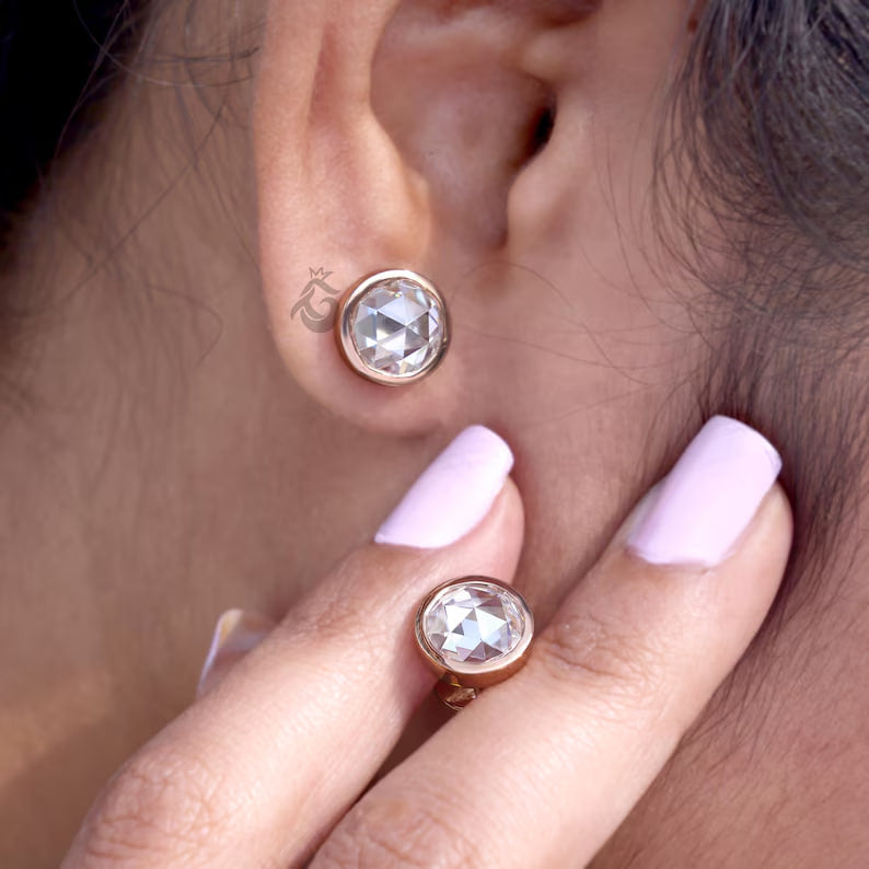 1.90TW Round Rose Cut Moissanite Stud Earrings, Bezel Set, 18K Rose Gold