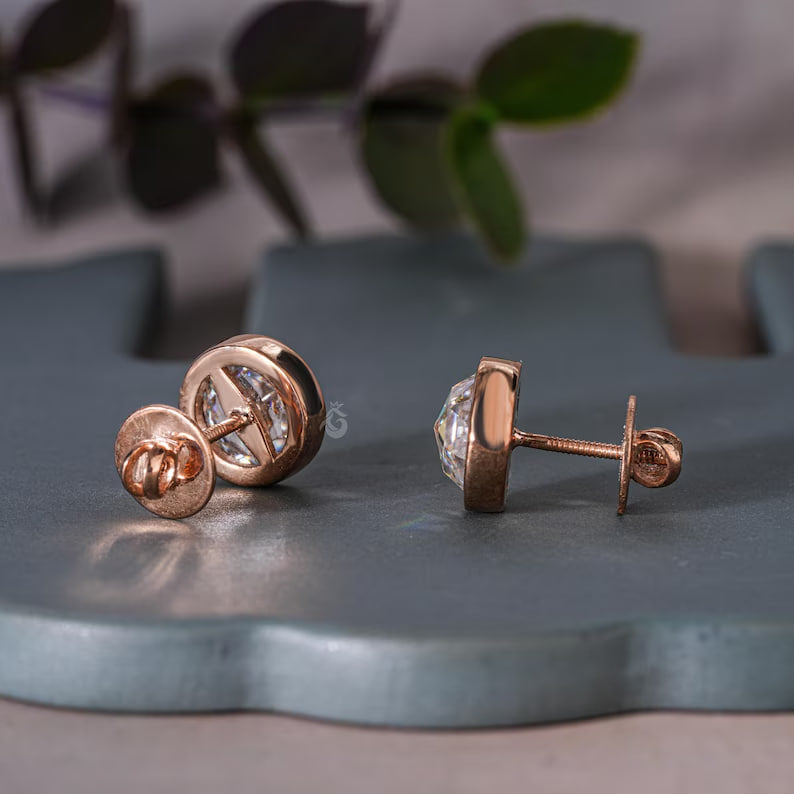 1.90TW Round Rose Cut Moissanite Stud Earrings, Bezel Set, 18K Rose Gold