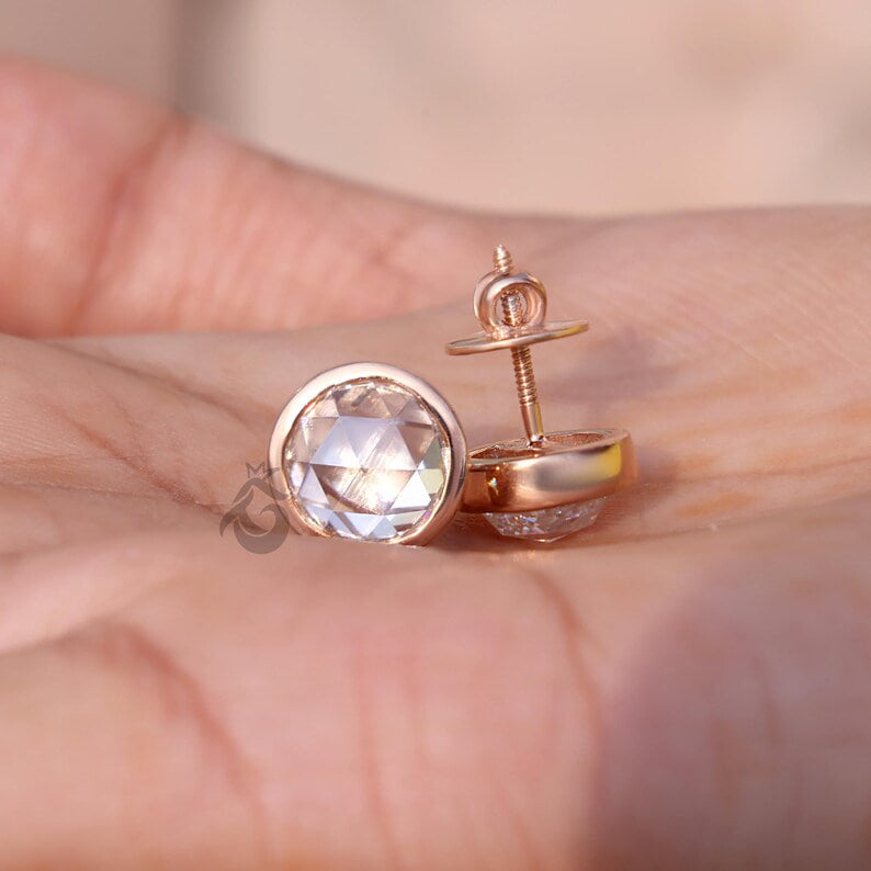 1.90TW Round Rose Cut Moissanite Stud Earrings, Bezel Set, 18K Rose Gold