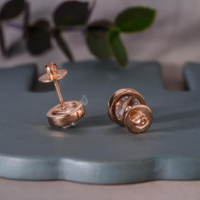 1.90TW Round Rose Cut Moissanite Stud Earrings, Bezel Set, 18K Rose Gold