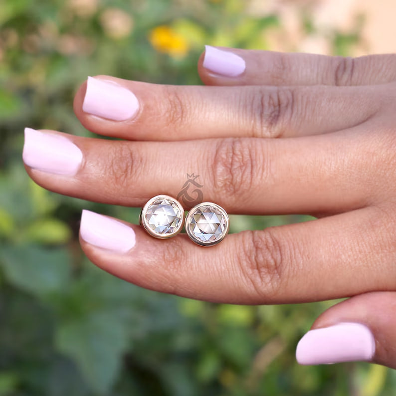 1.90TW Round Rose Cut Moissanite Stud Earrings, Bezel Set, 18K Rose Gold