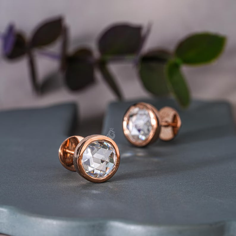 1.90TW Round Rose Cut Moissanite Stud Earrings, Bezel Set, 18K Rose Gold