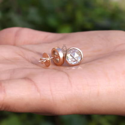 1.90TW Round Rose Cut Moissanite Stud Earrings, Bezel Set, 18K Rose Gold