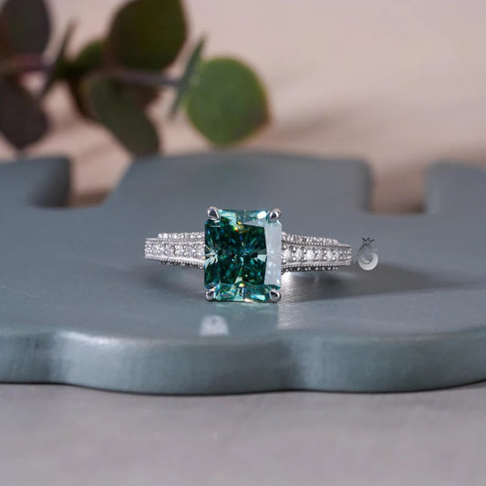 Art Deco 3.8CT Blue Green Radiant Moissanite Ring, 3-Sided Pave, 14K White Gold