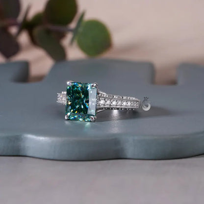 Art Deco 3.8CT Blue Green Radiant Moissanite Ring, 3-Sided Pave, 14K White Gold