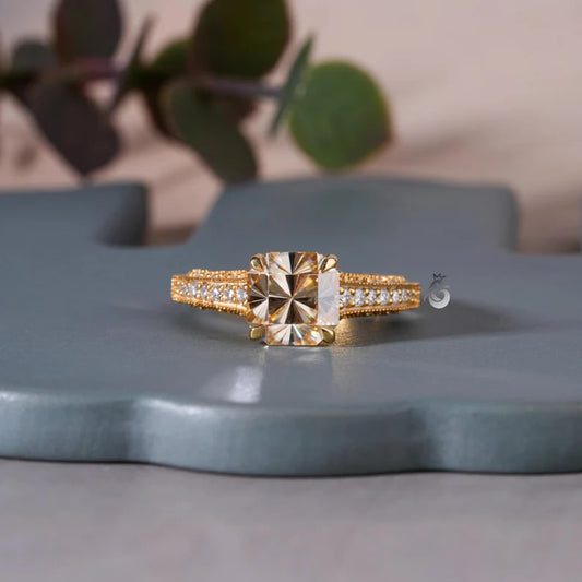 Tacori Style Fancy Cut Champagne Diamond Ring, 18K Yellow Gold Pave Setting