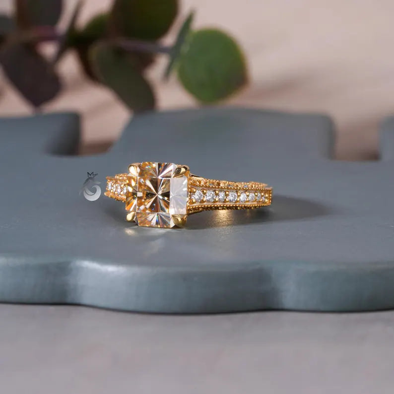 Tacori Style Fancy Cut Champagne Diamond Ring, 18K Yellow Gold Pave Setting