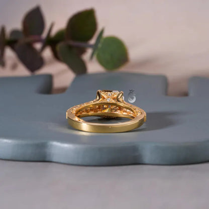 Tacori Style Fancy Cut Champagne Diamond Ring, 18K Yellow Gold Pave Setting