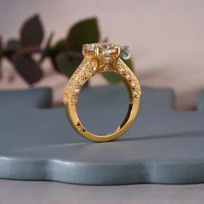 Tacori Style Fancy Cut Champagne Diamond Ring, 18K Yellow Gold Pave Setting