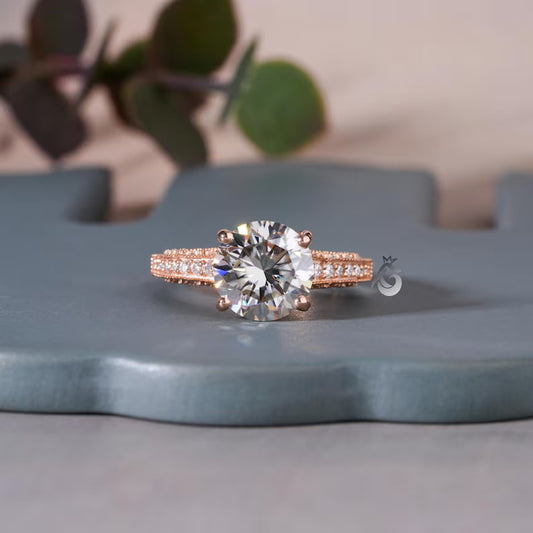 2CT Round Gray Moissanite Wedding Ring, 14K Rose Gold, 3-Row Pave Antique Style